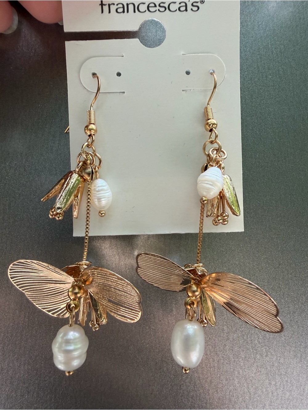 Francesca's Gold Floral Butterfly Drop Earrings with Pearls and Green Accents